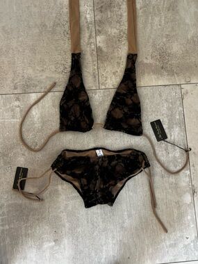 Black Lace Bikini Set with Nude Lining